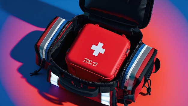 Foto un kit di primo soccorso rosso con una croce bianca si trova all'interno di una borsa di primo socolto nera su uno sfondo rosa e blu