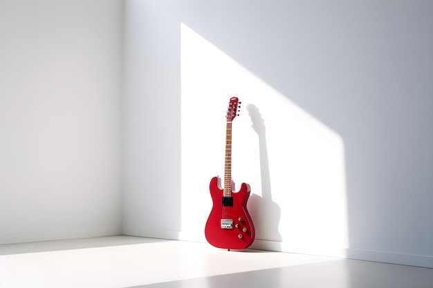 Foto una chitarra rossa è contro un muro bianco.