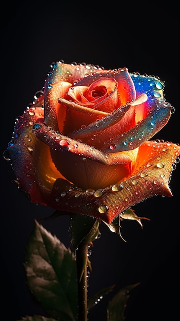 Red orange green white pink rose flower with sparkling petals Generative AI