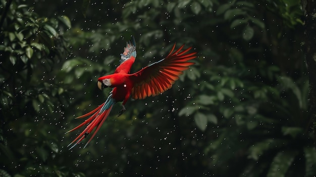 Foto pappagallo rosso sotto la pioggia pappagallo macao che vola nella vegetazione verde scuro papagallo scarlatto ar generative ai