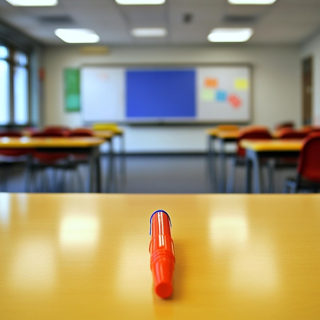 Foto una penna rossa è su un tavolo in una classe con altre scrivanie