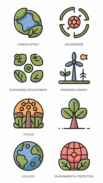 Photo reduce co2 emissions icon set with shapes for carbon offset decarbonize sustainable development