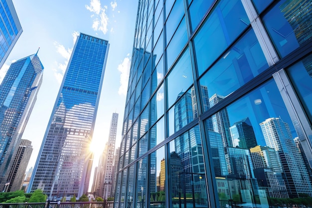 Photo reflection of urban skyline on modern office building