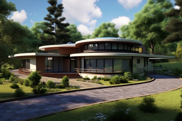 A rendering of a modern house with a circular roof