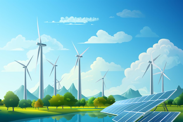 Photo renewable energy background with green energy as wind turbines and solar panels