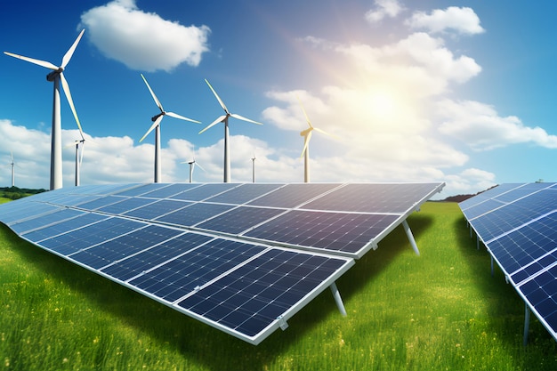 Photo renewable energy background with green energy as wind turbines and solar panels