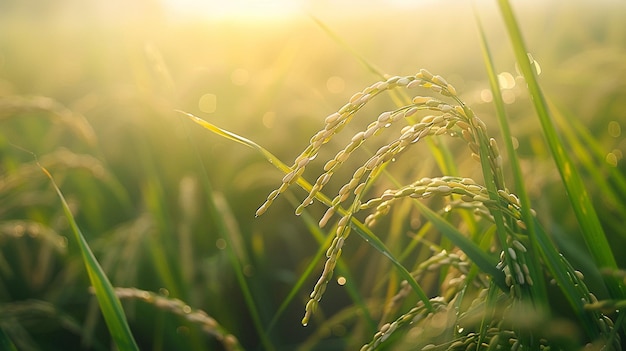 Photo rice field closeup of yellow paddy rice field with golden sun rising in autumn