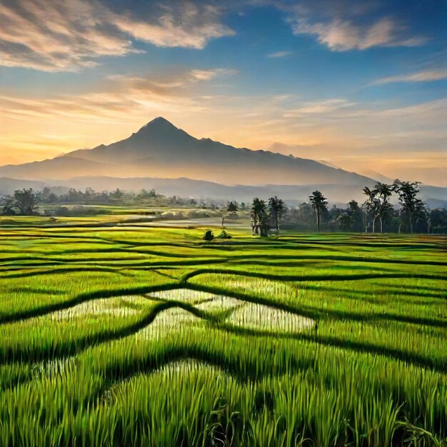 Photo a rice field with a mountain in the background