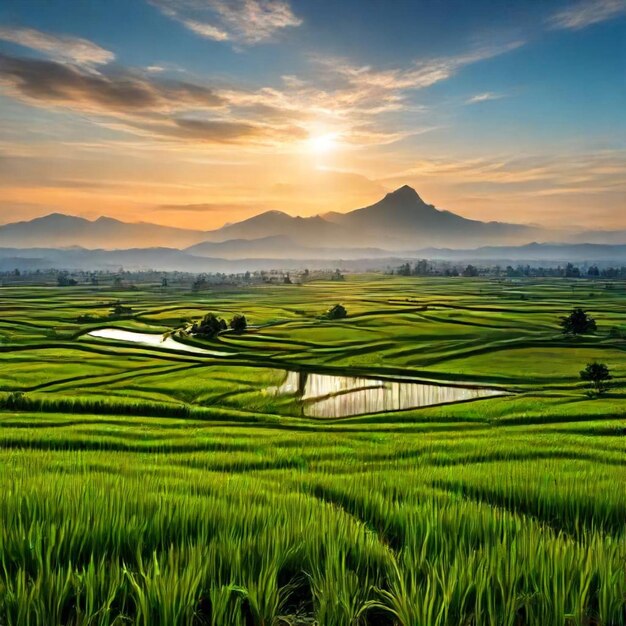 Photo a rice field with a mountain in the background