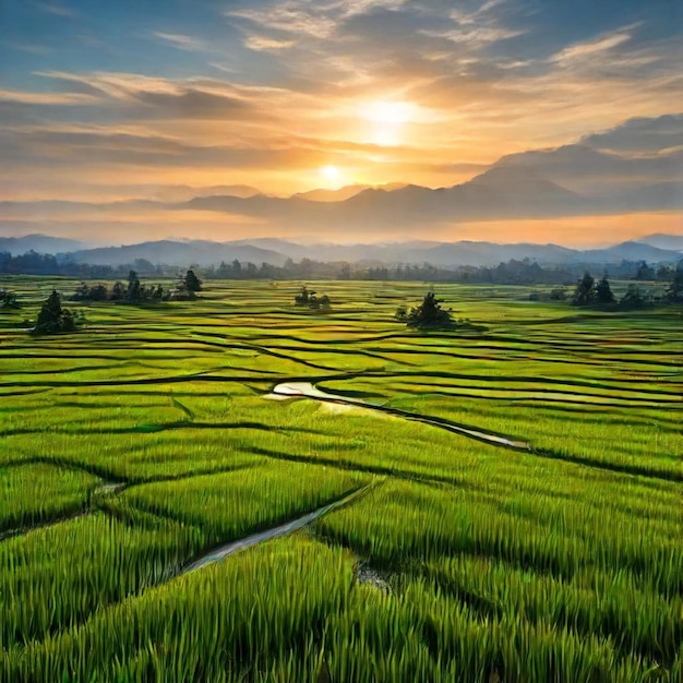 Photo a rice field with mountains in the background and a view of mountains in the background