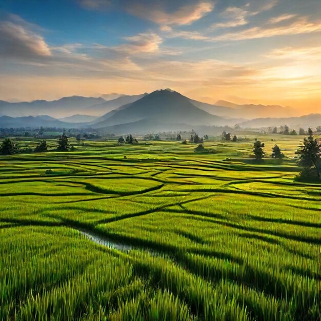 Photo a rice field with mountains in the background