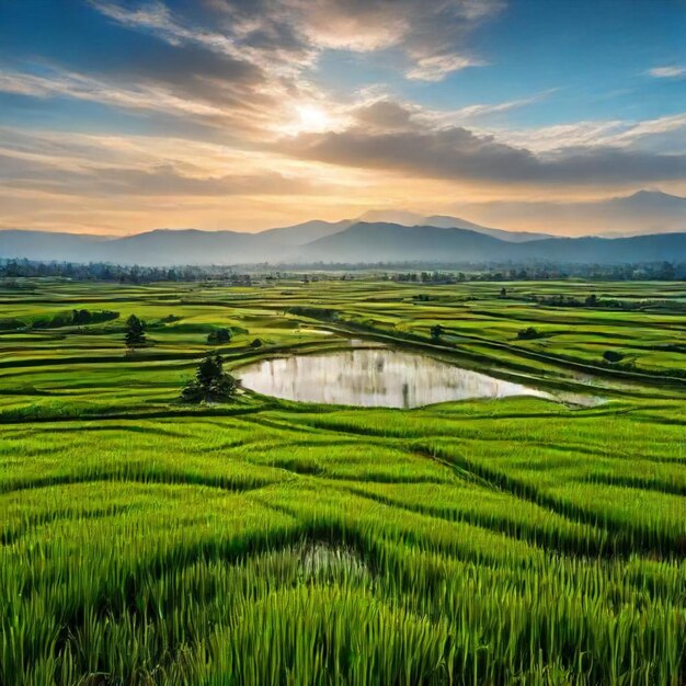 Photo a rice field with a pond and mountains in the background