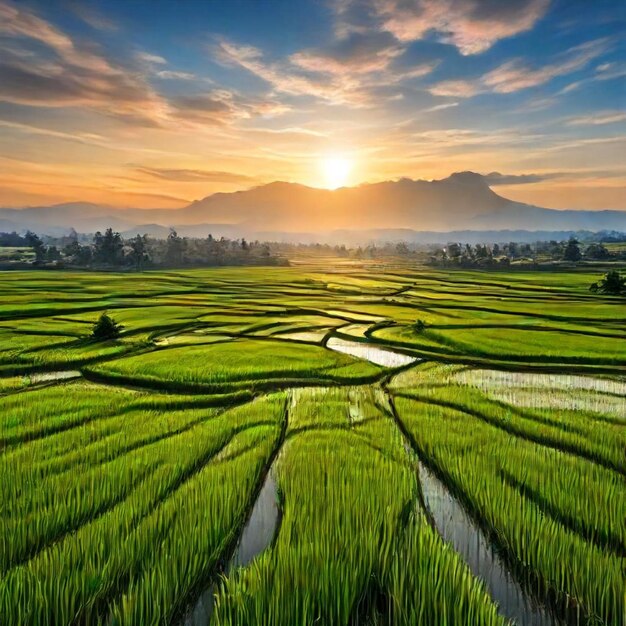 Photo a rice field with a sunset in the background