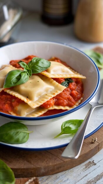 Foto ricotta e ravioli di spinaci con salsa di pomodoro