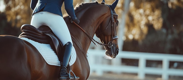 Photo a rider on a horse in a training setting showcasing equestrian sport