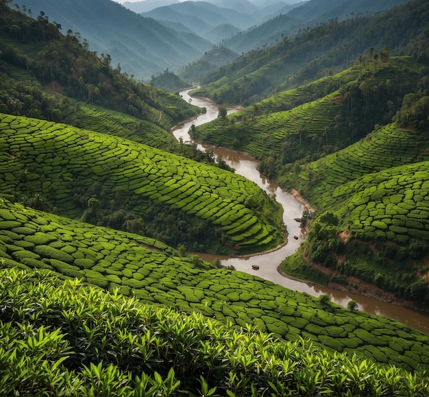 Photo a river runs through a tea plantation covered in tea plantations