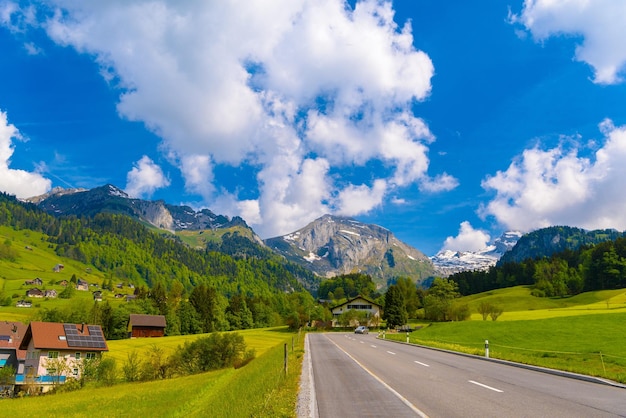 Foto strada tra alberi e montagne contro il cielo