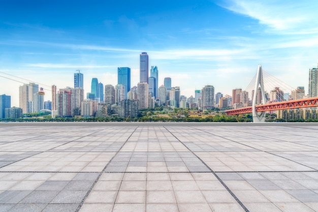 Road ground and Chongqing urban architectural landscape skyline