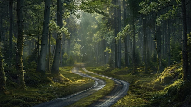 Photo the road winds through the forest between towering trees