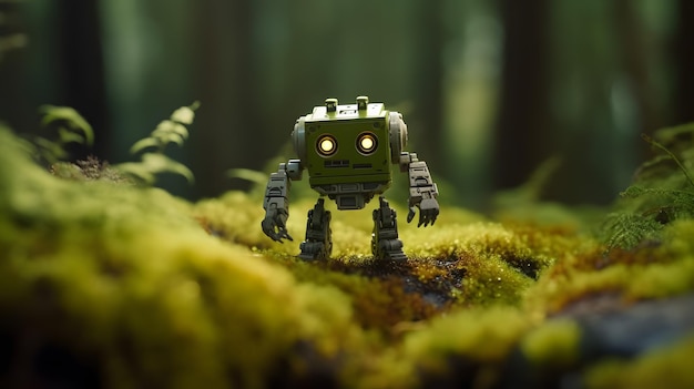 A robot in a forest with the words robot on the front