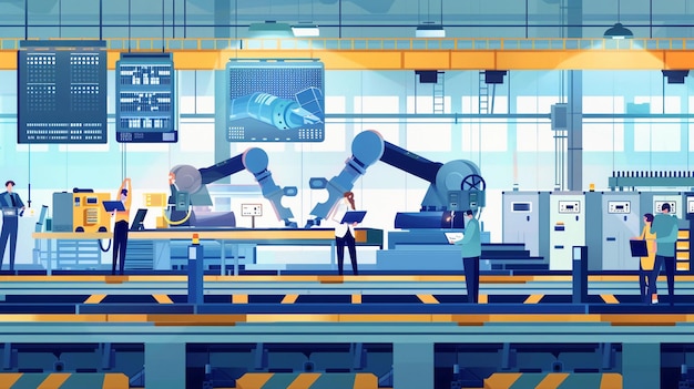 Photo robotics automation modern factory with industrial robot arms and engineers