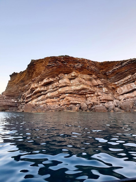 Rock formations in water against clear sky