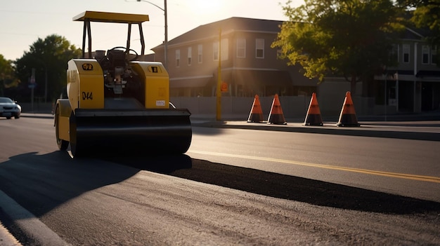 Photo roller compactor presses new asphalt