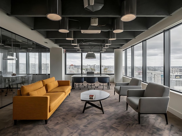 a room with a couch and a table with chairs and a window