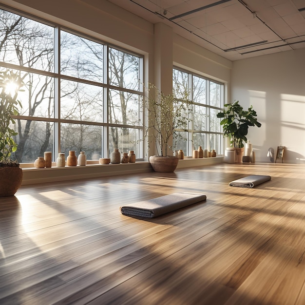 a room with a large window that has a plant on it