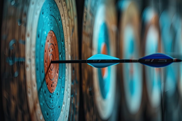 Photo row of archery targets with one arrow hitting bullseye