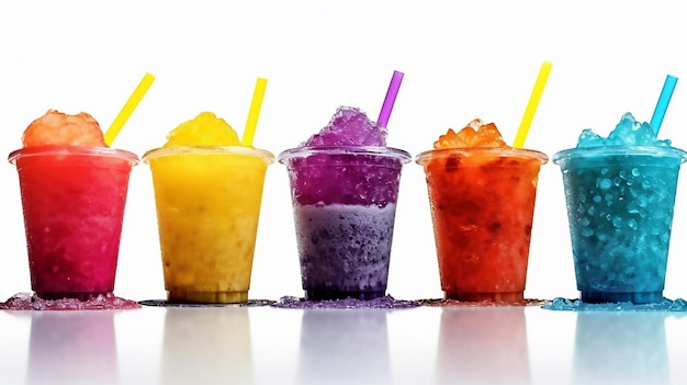 A row of colorful ice cream cups with straws