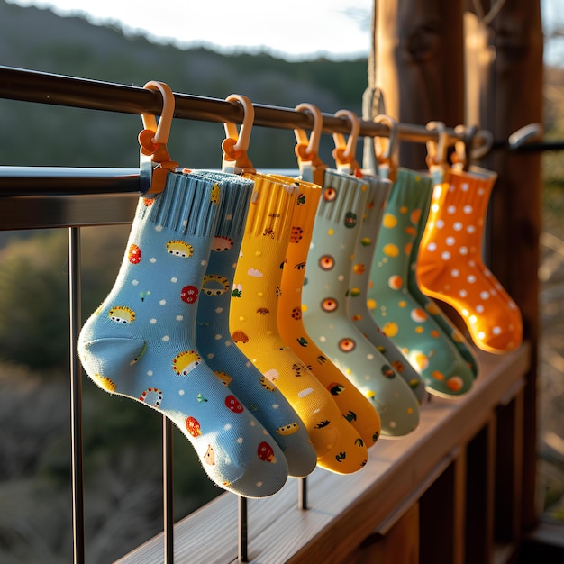 A row of colorful rain boots hanging from a rail on a wooden deck outside a house in the woods