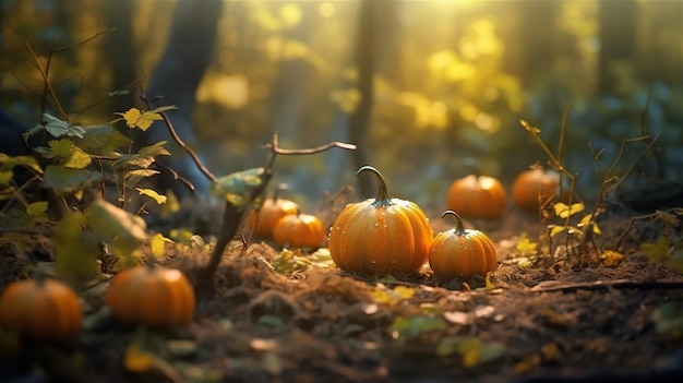 A row of pumpkins in a forest with the sun shining on them.