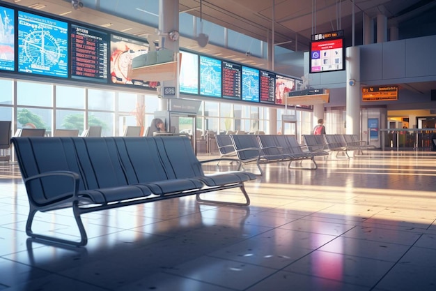 Foto una fila di sedili in un terminal con un cartello che dice 