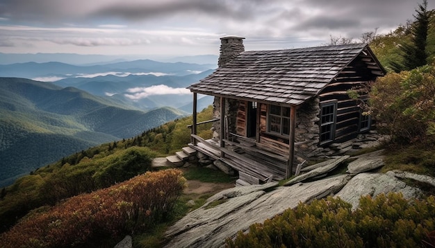 Rustic log cabin nestled in snow covered mountains generated by AI