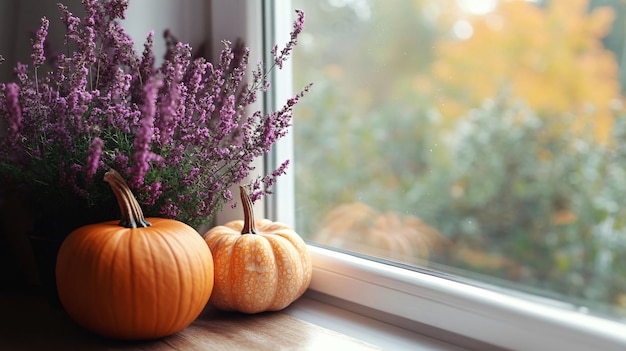 Rustic Pumpkins en Heather Flowers bij Window Closeup