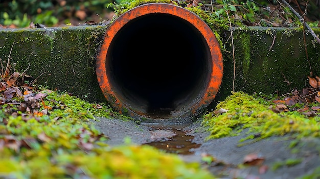 Photo rusty drainage pipe leaking into mosscovered concrete tunnel amid aging infrastructure decay