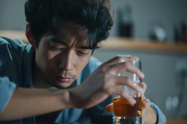 Photo sad young asian man sits alone in a dark room holding an empty whiskey glass his face is