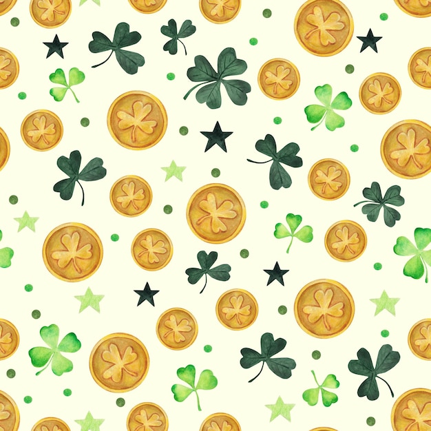 Photo saint patricks day gold coin with clover watercolor illustration seamless pattern