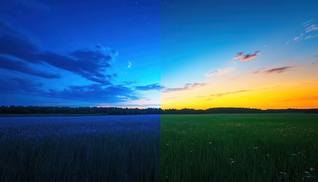 Photo the same image shows a field with a sunset in the background