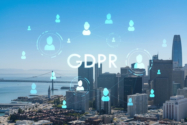 San Francisco skyline from Coit Tower to Financial District and residential neighborhoods California US GDPR hologram concept of data protection regulation and privacy for all individuals
