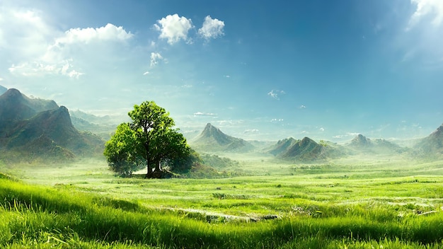 Photo savannah with trees green grass bushes and mountains on the horizon 3d rendering raster illustration