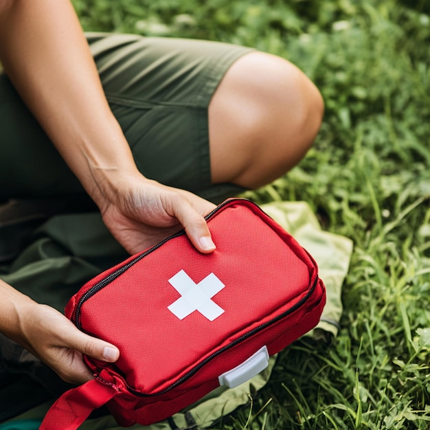 Foto una scena di una persona che usa un kit di pronto soccorso e esegue il primo soccorso di base