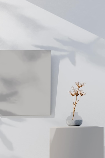 Photo scene with podium frame mockup and dry plant on white background d render