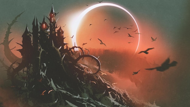 scenery of castle of thorn with solar eclipse in dark red sky, digital art style, illustration painting