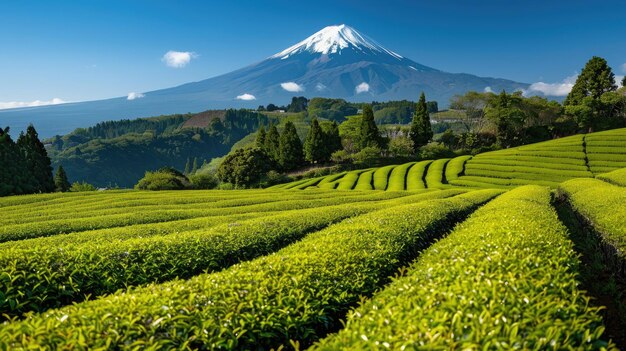 Photo scenic view of a tea plantation with the iconic mount fuji showcasing the harmony of nature and farming