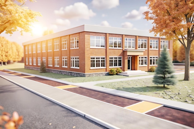 School building on a green lawn and road between trees