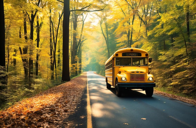 school bus with fall leaves on the side of the road