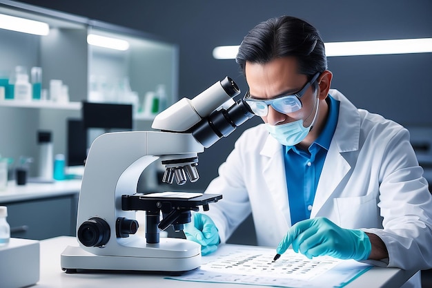 Scientist analyzing medical sample with microscope in laboratory generated by AI