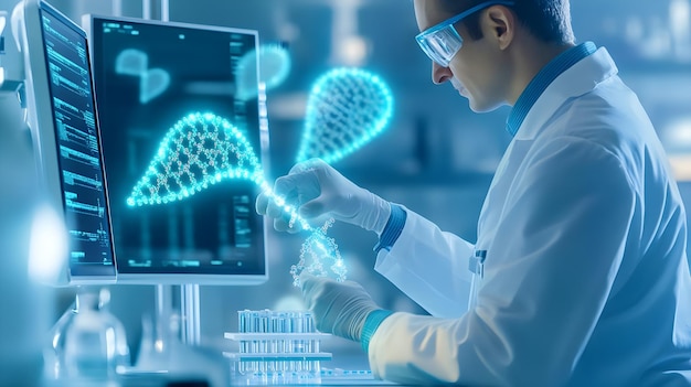 Photo scientist examining dna structure in lab